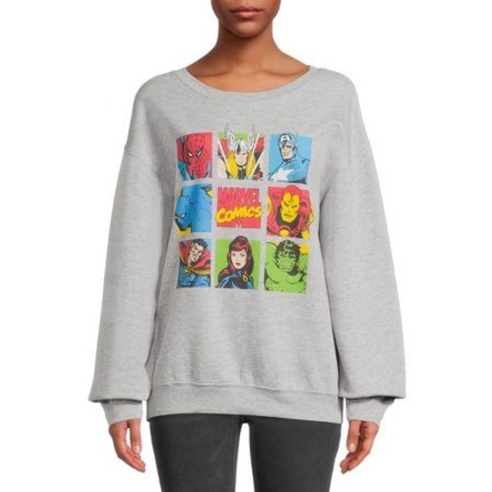 Marvel Sweatshirt Juniors XXL Gray Graphic Long Sleeve Comics Squares